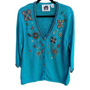 Storybook Knits Vintage Beaded Butterfly Floral Knit Cottage Cardigan Sweater M
